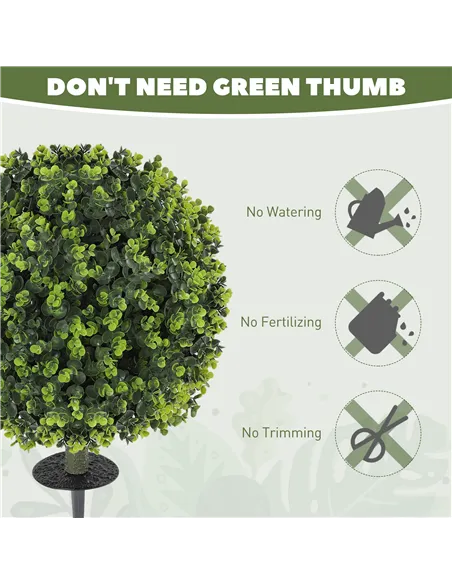 HOMCOM Set of 2 40 cm Artificial Boxwood Topiary Ball Bush with Integrated Ground Stake, Indoor Outdoor UV Resistant Faux Greene