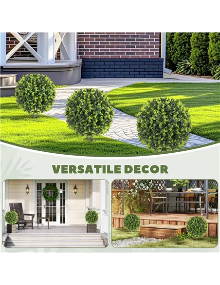 HOMCOM Set of 2 40 cm Artificial Boxwood Topiary Ball Bush with Integrated Ground Stake, Indoor Outdoor UV Resistant Faux Greene