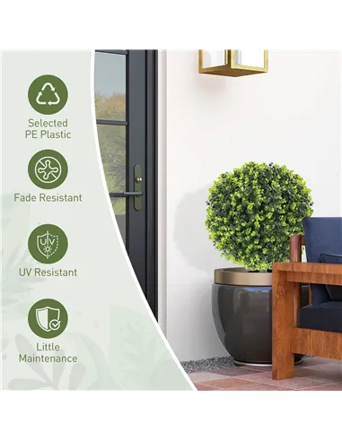 HOMCOM Set of 2 40 cm Artificial Boxwood Topiary Ball Bush with Integrated Ground Stake, Indoor Outdoor UV Resistant Faux Greene