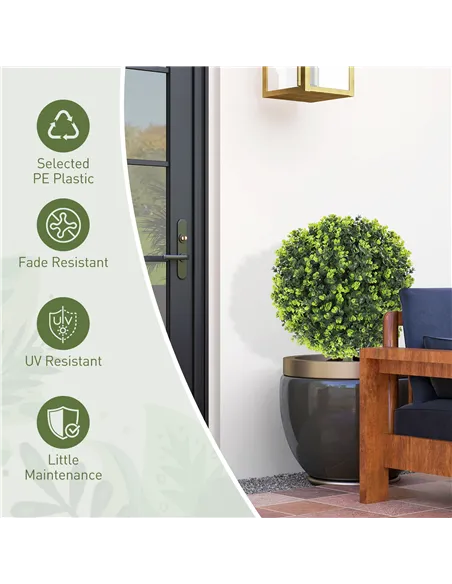 HOMCOM Set of 2 40 cm Artificial Boxwood Topiary Ball Bush with Integrated Ground Stake, Indoor Outdoor UV Resistant Faux Greene