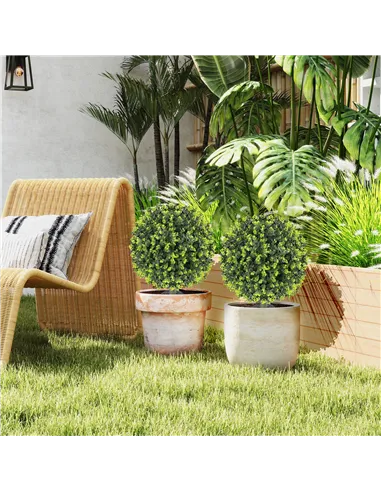 HOMCOM Set of 2 40 cm Artificial Boxwood Topiary Ball Bush with Integrated Ground Stake, Indoor Outdoor UV Resistant Faux Greene