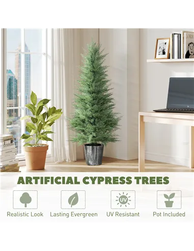 HOMCOM 135cm Artificial Cypress Trees Set of 2, UV Resistant Artificial Plants with Decorative Pot, Fake Plants for Indoor Outdo