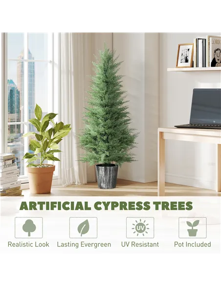 HOMCOM 135cm Artificial Cypress Trees Set of 2, UV Resistant Artificial Plants with Decorative Pot, Fake Plants for Indoor Outdo