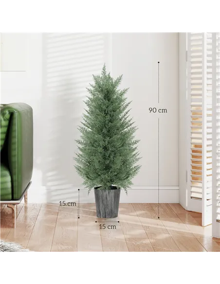 HOMCOM 90cm Artificial Cypress Trees Set of 2, UV Resistant Artificial Plants with Decorative Pot, Fake Plants for Indoor Outdoo