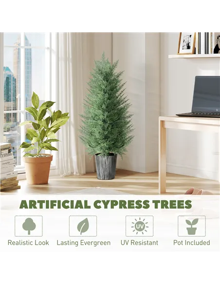 HOMCOM 90cm Artificial Cypress Trees Set of 2, UV Resistant Artificial Plants with Decorative Pot, Fake Plants for Indoor Outdoo