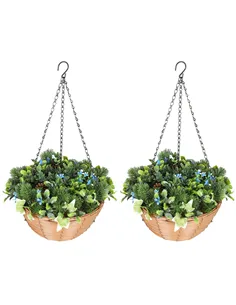 HOMCOM Pack of 2 Faux Plant Artificial Lisianthus Flowers, Hanging Planters with Basket, PE Leaves, 18 Flowers and 3 Pinecones, 