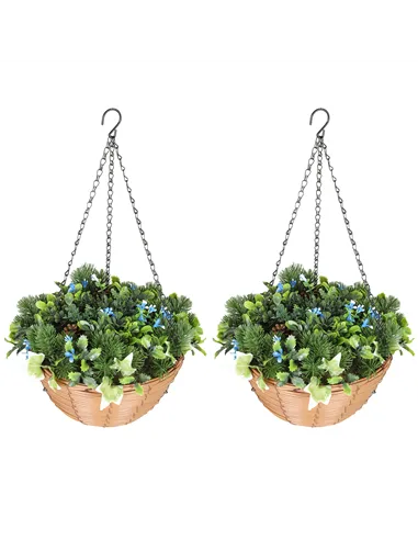 HOMCOM Pack of 2 Faux Plant Artificial Lisianthus Flowers, Hanging Planters with Basket, PE Leaves, 18 Flowers and 3 Pinecones, 
