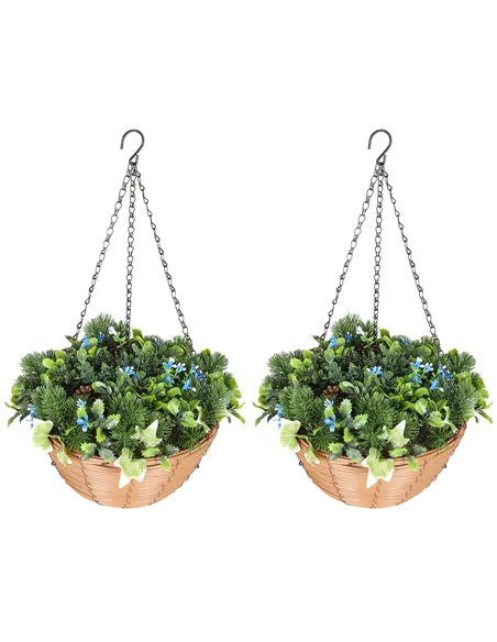 HOMCOM Pack of 2 Faux Plant Artificial Lisianthus Flowers, Hanging Planters with Basket, PE Leaves, 18 Flowers and 3 Pinecones, 