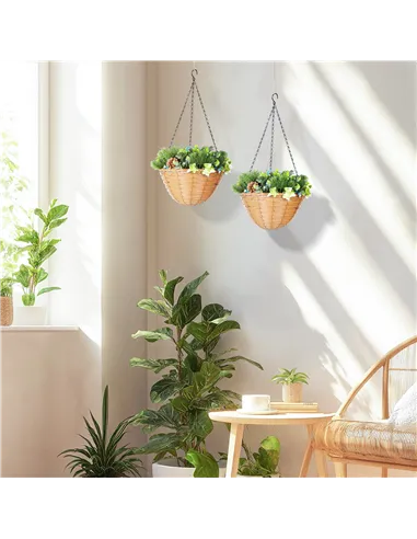 HOMCOM Pack of 2 Faux Plant Artificial Lisianthus Flowers, Hanging Planters with Basket, PE Leaves, 18 Flowers and 3 Pinecones, 