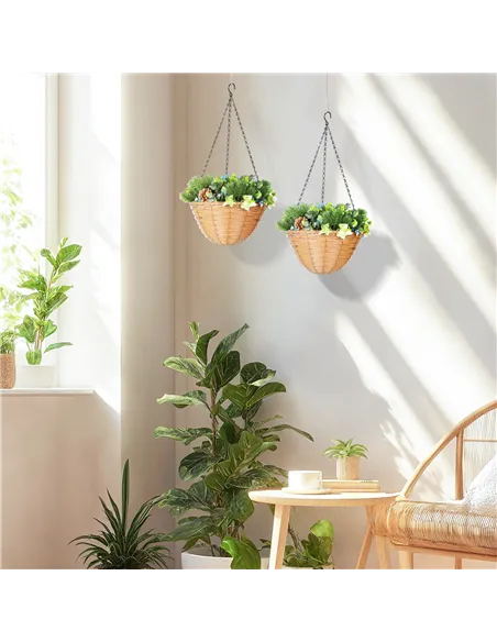 HOMCOM Pack of 2 Faux Plant Artificial Lisianthus Flowers, Hanging Planters with Basket, PE Leaves, 18 Flowers and 3 Pinecones, 