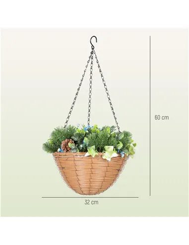 HOMCOM Pack of 2 Faux Plant Artificial Lisianthus Flowers, Hanging Planters with Basket, PE Leaves, 18 Flowers and 3 Pinecones, 