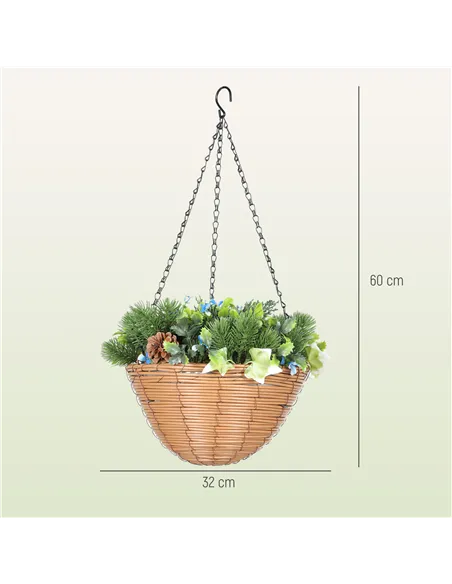 HOMCOM Pack of 2 Faux Plant Artificial Lisianthus Flowers, Hanging Planters with Basket, PE Leaves, 18 Flowers and 3 Pinecones, 