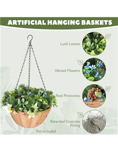 HOMCOM Pack of 2 Faux Plant Artificial Lisianthus Flowers, Hanging Planters with Basket, PE Leaves, 18 Flowers and 3 Pinecones, 