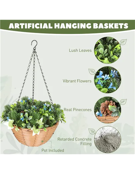 HOMCOM Pack of 2 Faux Plant Artificial Lisianthus Flowers, Hanging Planters with Basket, PE Leaves, 18 Flowers and 3 Pinecones, 