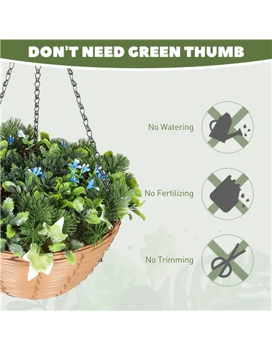 HOMCOM Pack of 2 Faux Plant Artificial Lisianthus Flowers, Hanging Planters with Basket, PE Leaves, 18 Flowers and 3 Pinecones, 