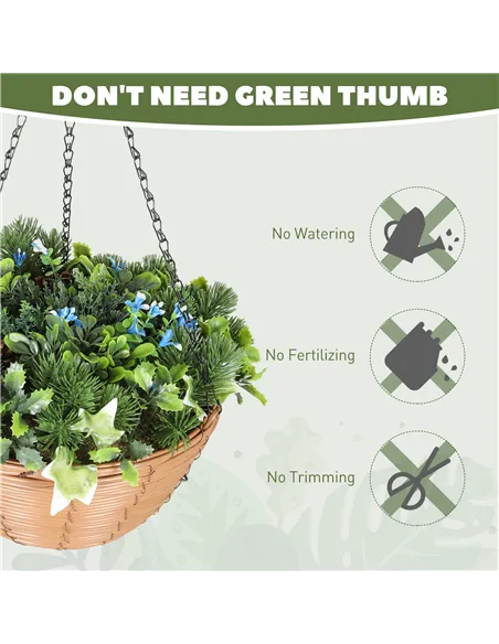 HOMCOM Pack of 2 Faux Plant Artificial Lisianthus Flowers, Hanging Planters with Basket, PE Leaves, 18 Flowers and 3 Pinecones, 