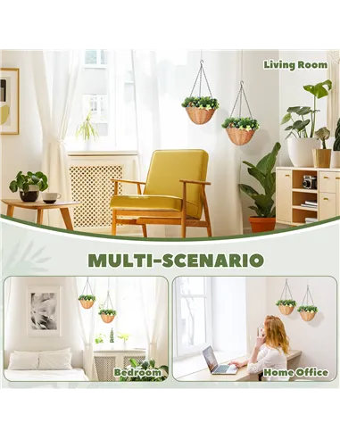 HOMCOM Pack of 2 Faux Plant Artificial Lisianthus Flowers, Hanging Planters with Basket, PE Leaves, 18 Flowers and 3 Pinecones, 