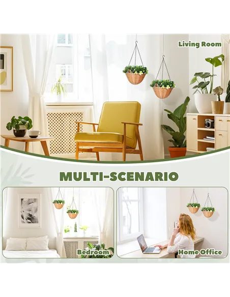 HOMCOM Pack of 2 Faux Plant Artificial Lisianthus Flowers, Hanging Planters with Basket, PE Leaves, 18 Flowers and 3 Pinecones, 