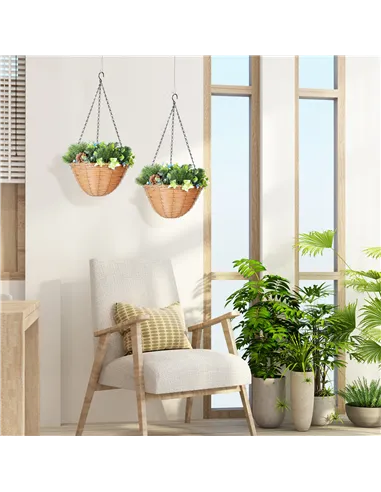 HOMCOM Pack of 2 Faux Plant Artificial Lisianthus Flowers, Hanging Planters with Basket, PE Leaves, 18 Flowers and 3 Pinecones, 