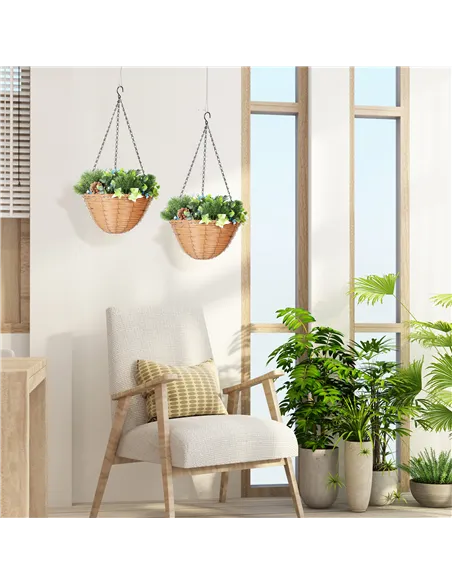 HOMCOM Pack of 2 Faux Plant Artificial Lisianthus Flowers, Hanging Planters with Basket, PE Leaves, 18 Flowers and 3 Pinecones, 