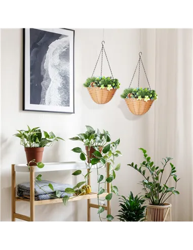 HOMCOM Pack of 2 Faux Plant Artificial Lisianthus Flowers, Hanging Planters with Basket, PE Leaves, 18 Flowers and 3 Pinecones, 