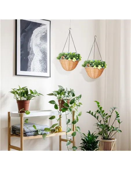 HOMCOM Pack of 2 Faux Plant Artificial Lisianthus Flowers, Hanging Planters with Basket, PE Leaves, 18 Flowers and 3 Pinecones, 