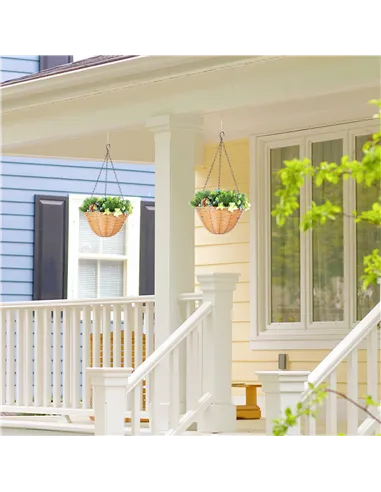 HOMCOM Pack of 2 Faux Plant Artificial Lisianthus Flowers, Hanging Planters with Basket, PE Leaves, 18 Flowers and 3 Pinecones, 