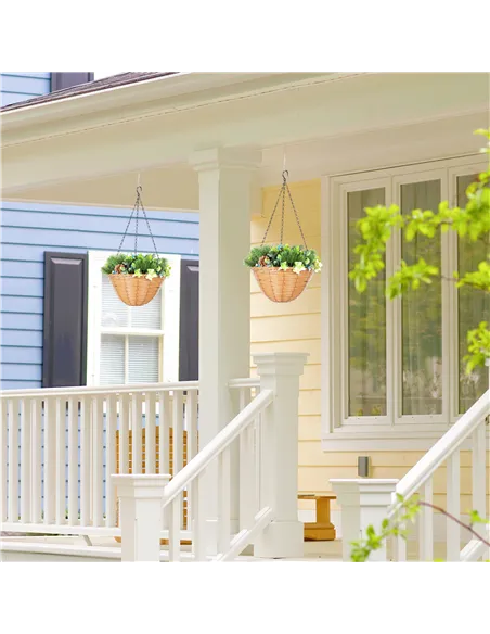 HOMCOM Pack of 2 Faux Plant Artificial Lisianthus Flowers, Hanging Planters with Basket, PE Leaves, 18 Flowers and 3 Pinecones, 