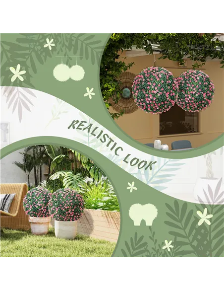 HOMCOM Set of Two Artificial Boxwood Balls Plants - Pink