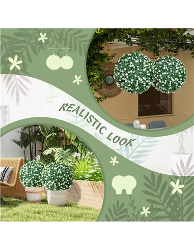 HOMCOM Set of Two Artificial Boxwood Balls Plants - White