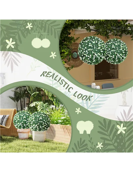 HOMCOM Set of Two Artificial Boxwood Balls Plants - White