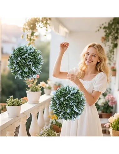 HOMCOM Set of 2 Artificial Plant Topiary Balls, UV-protected Fake Decorative Plants, Blue