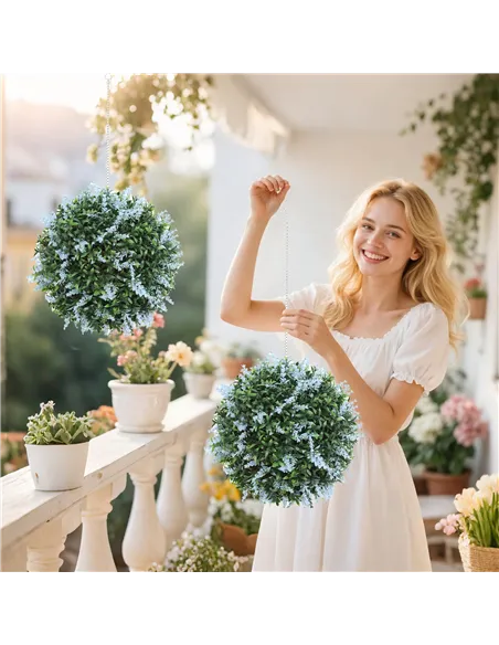 HOMCOM Set of 2 Artificial Plant Topiary Balls, UV-protected Fake Decorative Plants, Blue