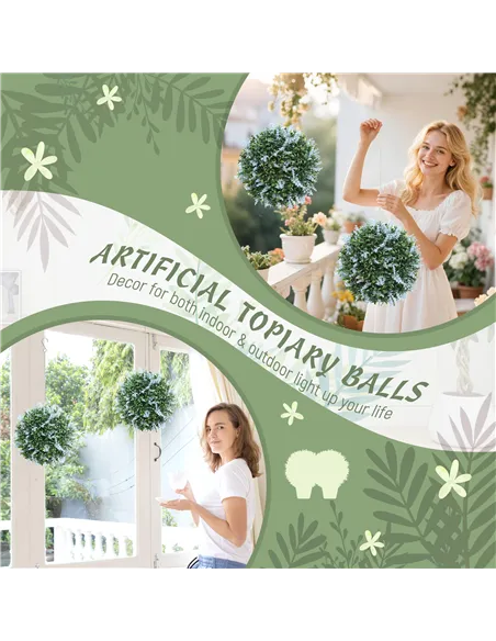 HOMCOM Set of 2 Artificial Plant Topiary Balls, UV-protected Fake Decorative Plants, Blue