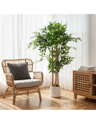 HOMCOM 120cm Artificial Ficus Tree, Fake Potted Tree with Solid Wood Trunk and Pot for Indoor, Green