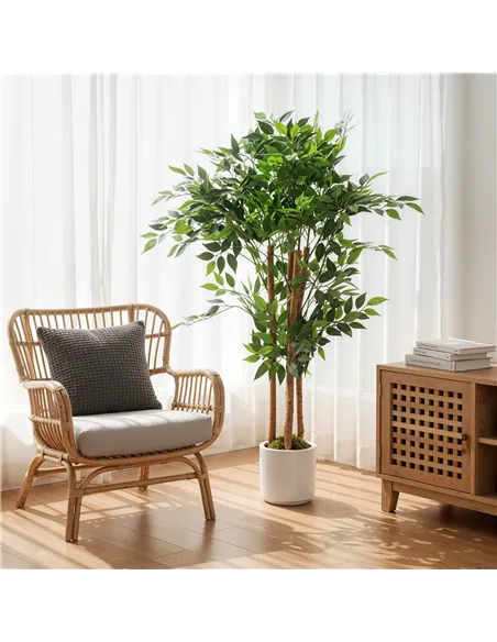 HOMCOM 120cm Artificial Ficus Tree, Fake Potted Tree with Solid Wood Trunk and Pot for Indoor, Green