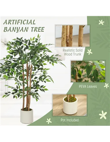 HOMCOM 120cm Artificial Ficus Tree, Fake Potted Tree with Solid Wood Trunk and Pot for Indoor, Green