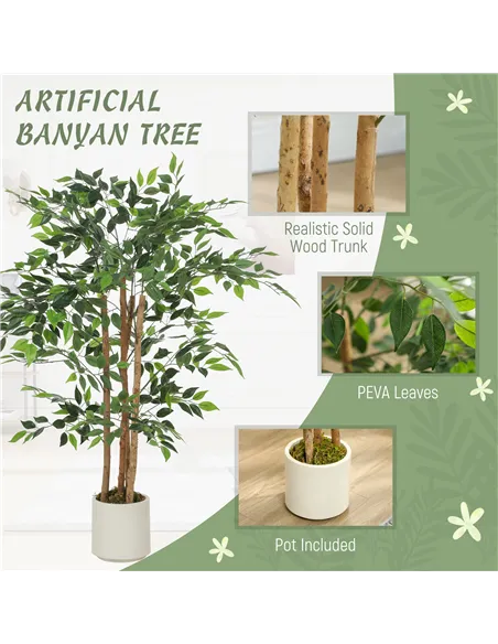HOMCOM 120cm Artificial Ficus Tree, Fake Potted Tree with Solid Wood Trunk and Pot for Indoor, Green