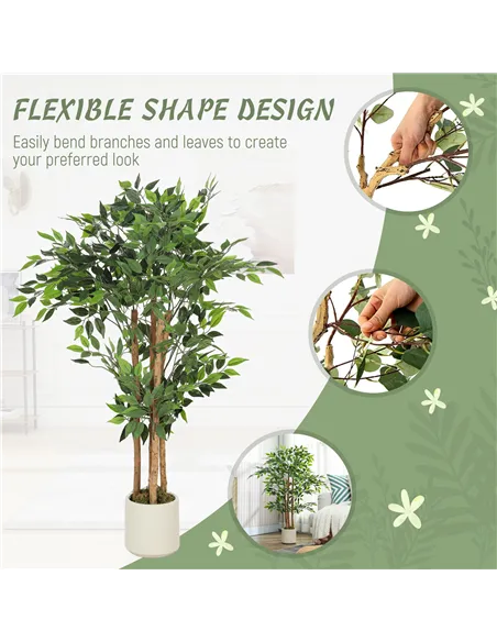HOMCOM 120cm Artificial Ficus Tree, Fake Potted Tree with Solid Wood Trunk and Pot for Indoor, Green