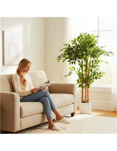 HOMCOM 120cm Artificial Ficus Tree, Fake Potted Tree with Solid Wood Trunk and Pot for Indoor, Green