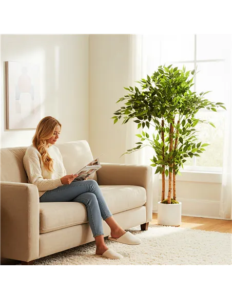 HOMCOM 120cm Artificial Ficus Tree, Fake Potted Tree with Solid Wood Trunk and Pot for Indoor, Green