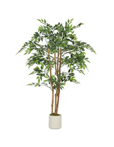 HOMCOM 150cm Artificial Ficus Tree, Fake Potted Tree with Solid Wood Trunk and Pot for Indoor, Green