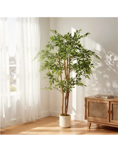 HOMCOM 150cm Artificial Ficus Tree, Fake Potted Tree with Solid Wood Trunk and Pot for Indoor, Green