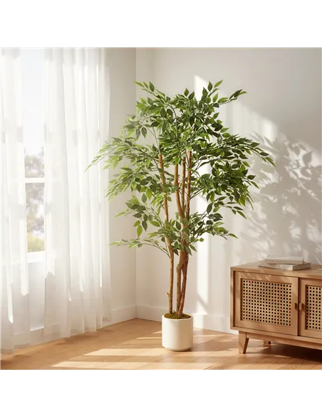 HOMCOM 150cm Artificial Ficus Tree, Fake Potted Tree with Solid Wood Trunk and Pot for Indoor, Green