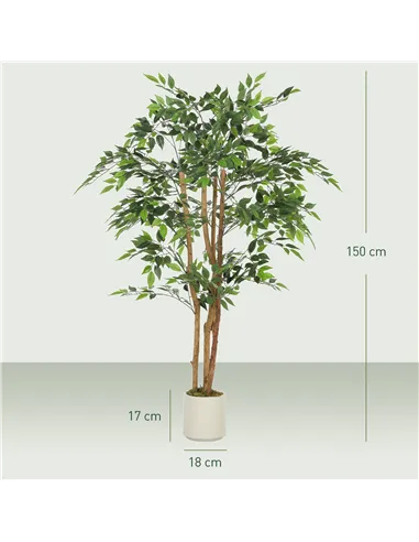 HOMCOM 150cm Artificial Ficus Tree, Fake Potted Tree with Solid Wood Trunk and Pot for Indoor, Green