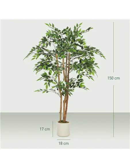 HOMCOM 150cm Artificial Ficus Tree, Fake Potted Tree with Solid Wood Trunk and Pot for Indoor, Green