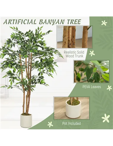 HOMCOM 150cm Artificial Ficus Tree, Fake Potted Tree with Solid Wood Trunk and Pot for Indoor, Green
