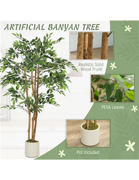 HOMCOM 150cm Artificial Ficus Tree, Fake Potted Tree with Solid Wood Trunk and Pot for Indoor, Green