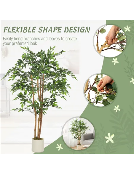 HOMCOM 150cm Artificial Ficus Tree, Fake Potted Tree with Solid Wood Trunk and Pot for Indoor, Green