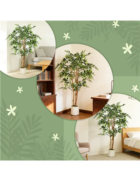 HOMCOM 150cm Artificial Ficus Tree, Fake Potted Tree with Solid Wood Trunk and Pot for Indoor, Green